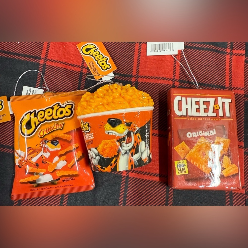 Orange Crunchy Cheeto’s and Cheez Holiday Christmas Ornaments Brand New Set of 3